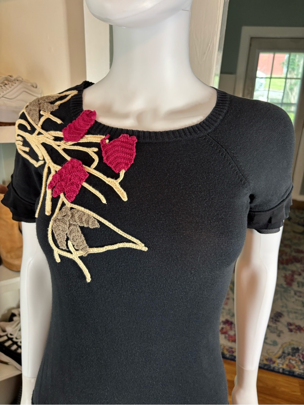 VTG Y2K Kenzo Silk Taffeta Sweater Black Mini Dress Floral Embroidered Appliqué - Picture 10 of 16